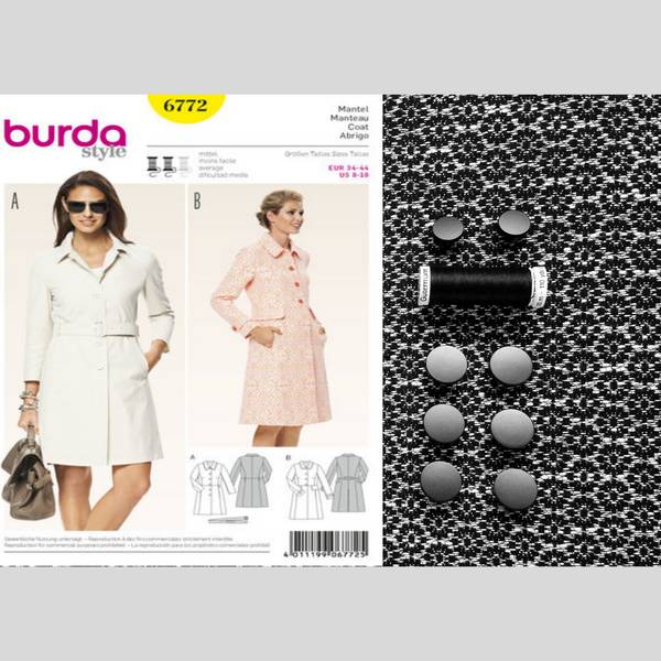 FrocKit 2A&B -  Burda 6772 Coat view A or B - Black and White patterned jacquard fabric