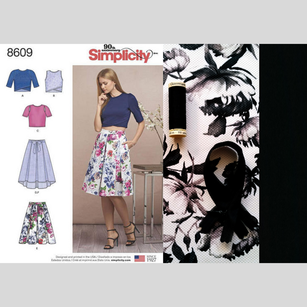 FrocKit 6AE - Simplicity 8609 view A & E - Black and White Floral and Black Stretch Crepe