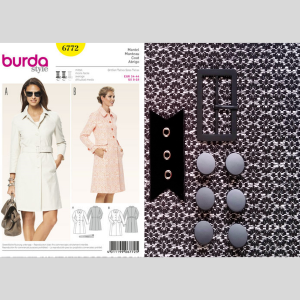 FrocKit 2A&B -  Burda 6772 Coat view A or B - Black and White patterned jacquard fabric