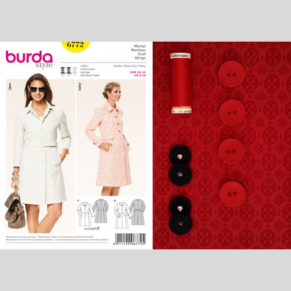 FrocKit 1A&B -  Burda 6772 Coat view A or B - Red Cotton Blend jacquard patterned fabric with slight stretch