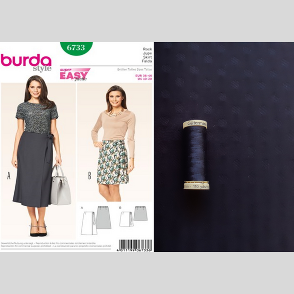 FrocKit 39A  Burda  6733 Skirt View A - Medium Weight Dark Navy rayon with self woven dots