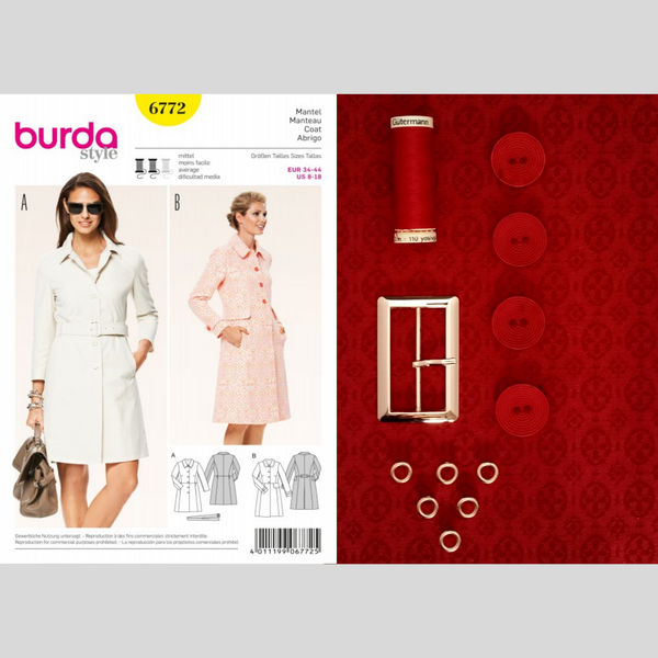 FrocKit 1A&B -  Burda 6772 Coat view A or B - Red Cotton Blend jacquard patterned fabric with slight stretch