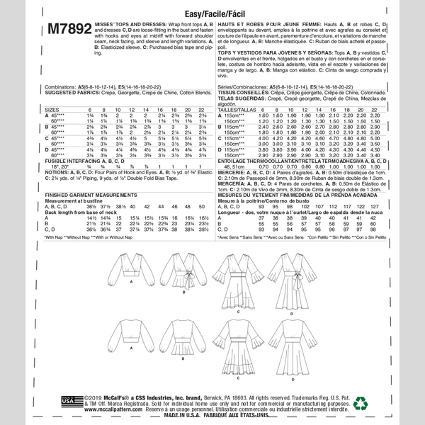 FrocKit 56A -  McCalls 7892 - Tops in View A with three fabric options