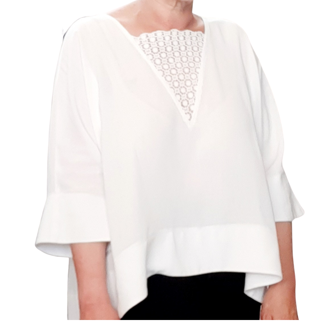 FrocKit 17C -  McCall's 7750 Top view C - Viscose and Linen blend off white Fabric with a subtle geometric woven pattern with cotton lace contrast or Black Linen/Cotton fabric an lace insert