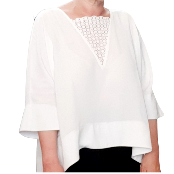 FrocKit 17C -  McCall's 7750 Top view C - Viscose and Linen blend off white Fabric with a subtle geometric woven pattern with cotton lace contrast or Black Linen/Cotton fabric an lace insert